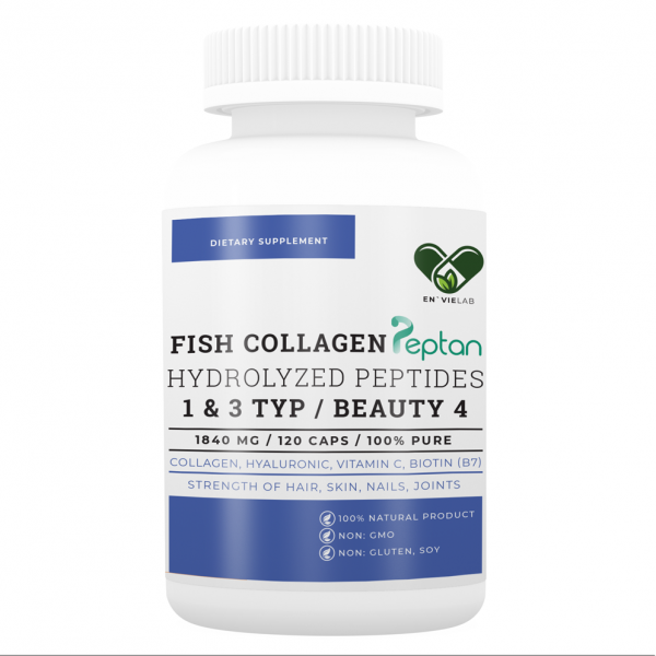 Купить коллаген с гиалуроновой кислотой, биотином и витамином С в капсулах рыбный (морской) Украина Envie Lab 120 капсул Fish Collagen Complex4